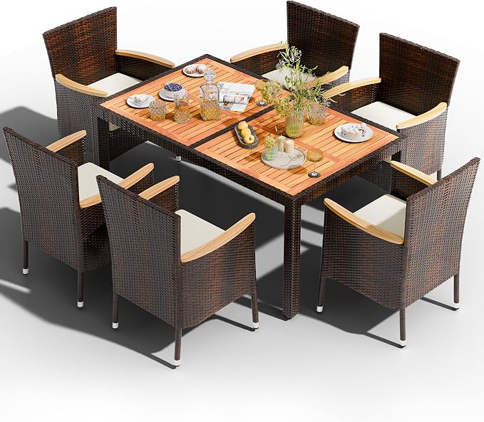Shintenchi 7 PCS Patio Dining Set, Wicker Patio Conversation Set with Wooden Table Top, Outdoor Table and Chairs with Soft Cushions for Backyard, Deck and Garden, Brown Wicker