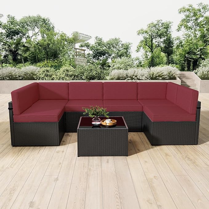 kinbor 7 Piece Outdoor Furniture Set - Waterproof Black PE Wicker Patio Sofa with Cushions for Backyard, Poolside & Porch, Burgundy