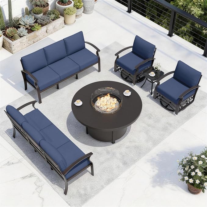 ALAULM Aluminum Patio Furniture Set with Coffee Table Rectangular, 5-seat Outdoor Sectional Furniture w/2 Swivel Chairs, Patio Conversation Set for Porch, Backyard, Poolside-Grey