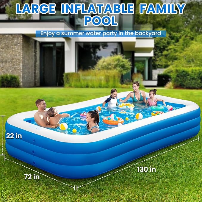 Inflatable Swimming Pool for Family, 130" x 72" x 22" Large Blow Up Pool for Adults & Kids, Thickened Backyard Pool with Pump, Quick Inflation Summer Outdoor Water Party Pool