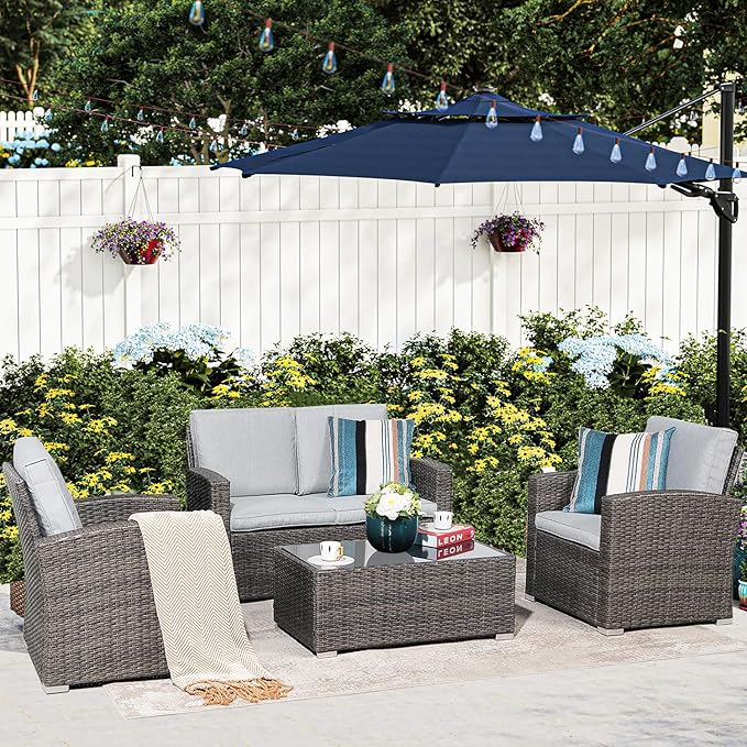 JOIVI Patio Furniture Set, 4 Piece Outdoor Patio Conversation Set, All-Weather PE Rattan Wicker Sectional Patio Sofa Set with Tempered Glass Coffee Table, Light Gray