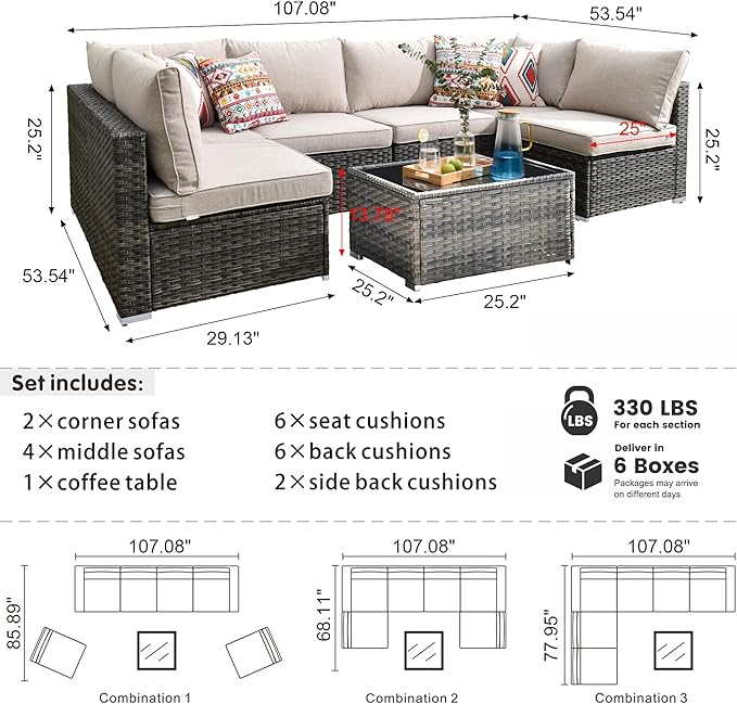 HOOOWOOO Patio Outdoor Sectional Furniture Sofa Set,7 Piece U Shaped Corner Wicker Rattan Couch Set,Rustic 6 Persons Summer Patio Conversation Set for Outside Porch Deck Garden(Beige Tan)
