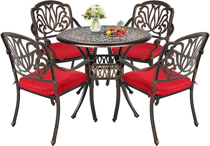 Grepatio 5 Piece Outdoor Dining Set Cast Aluminum Patio Dining Set Table and Chairs Outside Furniture 4 Chairs and 1 Umbrella Hole Table for Lawn Garden Patio (Red)