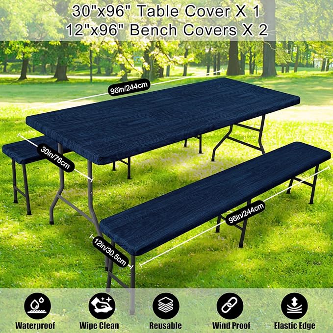 Smiry Picnic Table Cover with Bench Covers, Waterproof Elastic Fitted Tablecloth for 8 Foot Tables, Washable Polyester Tablecloths for Camping, Indoor & Outdoor (Navy & Black, 30x96 Inch 3-pc Set)