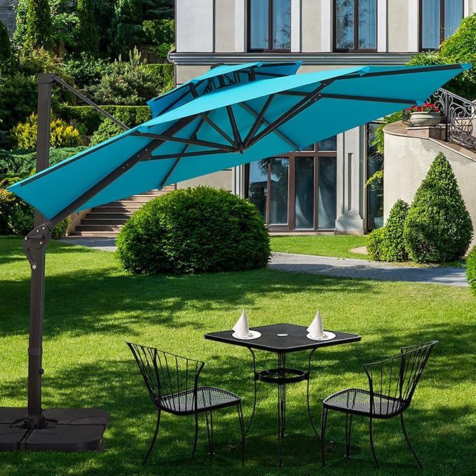 Sunnyglade 11FT Double Top Cantilever Patio Umbrella Deluxe Offset Umbrella 360° Rotation & Integrated Tilting System Heavy Duty Outdoor Umbrella for Market Garden Deck Pool Backyard Patio(Blue)