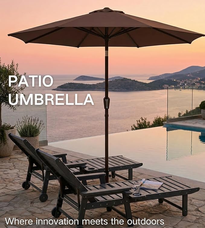 PatioKingdom 9FT Patio Outdoor Umbrella-UPF 50+ Sun Shade with Wind Vent, Push-Button Tilt & Smooth Crank Lift, Rust-Resistant Fiberglass Frame for Garden, Backyard,Yard (Brown)
