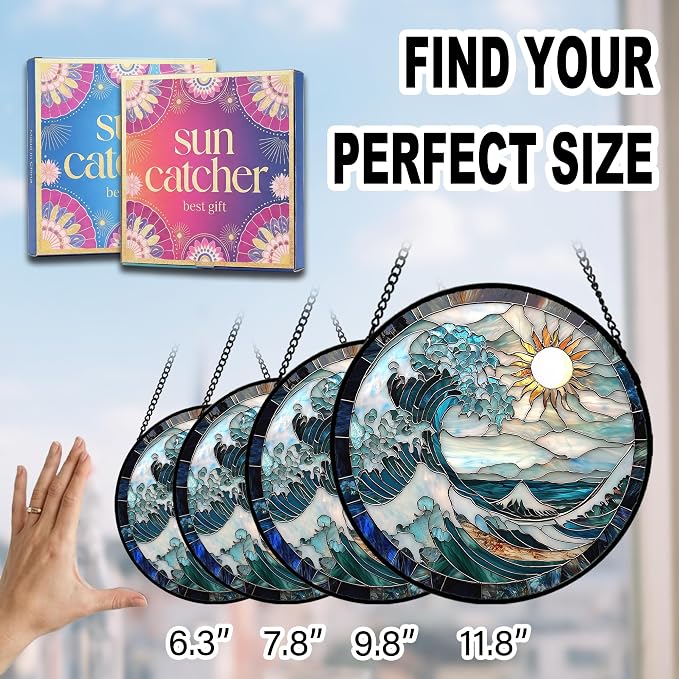 Birthday Gifts for Women - Blue Giant Waves Faux Stained Glass Window Hanging Sun Catcher for Door Garden Acrylic Home Sea Decor Mother's Day for Mom Nana Friend Grandma Wife 7.8"