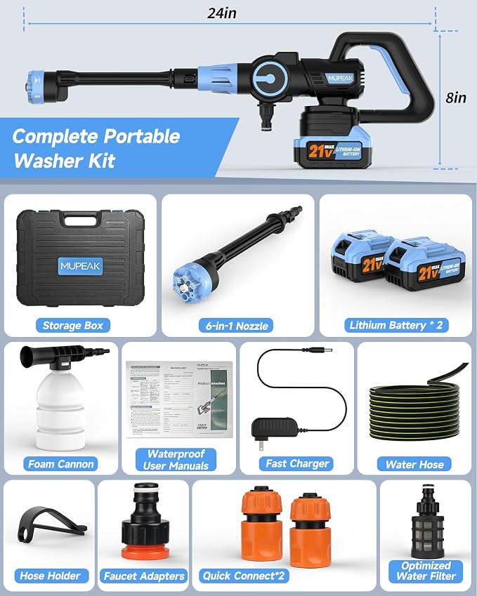Brushless Cordless Washer, 1500PSl-Cordless Washer with 2 Batteries, 6-in-1 Nozzle/3-Modes Adjustable, 21V 4.0Ah Portable Washers Battery Operated for Car Home, Blue
