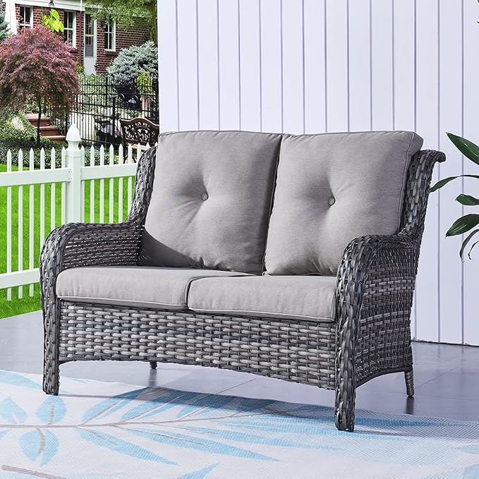 Rilyson Outdoor Loveseat Wicker Patio Sofa - 2-Seat Rattan Outdoor Couch Patio Furniture with Deep Seating and Comfortable Cushions for Outside Porch Deck Balcony(Mixed Grey/Grey)