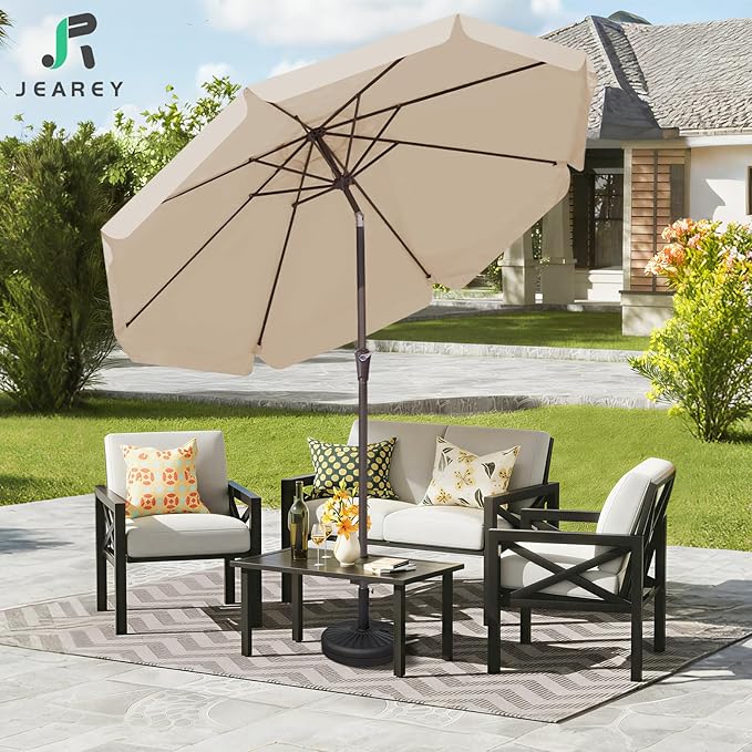 JEAREY 9 FT Patio Umbrella Outdoor, Table Umbrellas Market Umbrella w/Push Button Tilt/Crank, 8 Sturdy Ribs(Beige)