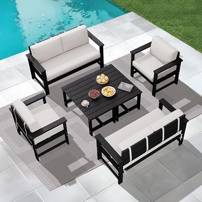 KINGYES 6 Pieces Outdoor Furniture Set, HDPE All Weather Use Conversation Couch, Black Frame with Khaki Cushions