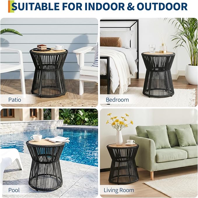 PeakPursuit Outdoor Side Table, Small End Table with Wooden Top, Woven Rope Round Coffee Tables for Patio Balcony Poolside