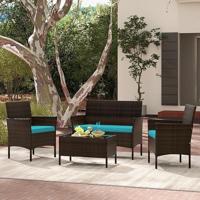 Tangkula 8 Piece Patio Rattan Conversation Set, Outdoor Wicker Furniture Set with Chair, Loveseat & Tempered Glass Table, Cozy Seat Cushions, Outside Sectional Sofa Set for Backyard (2,Turquoise)