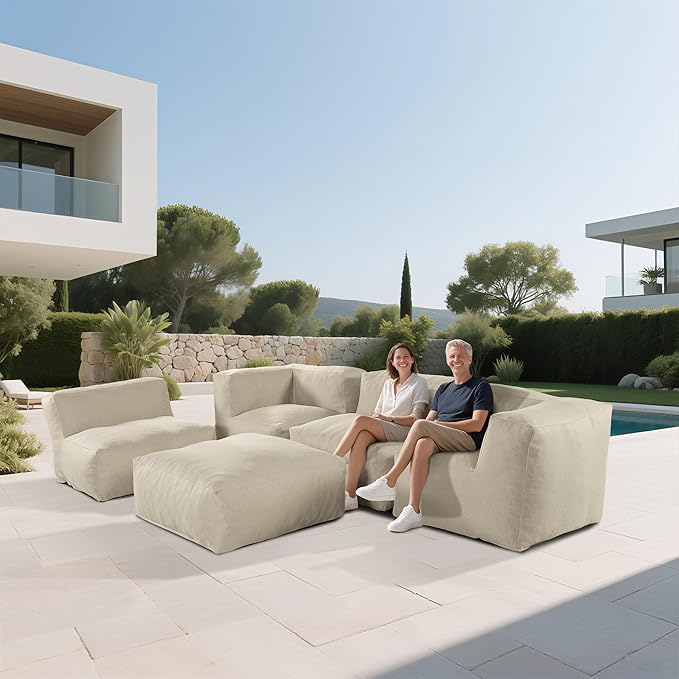 Patio Furniture Set, 5 Pcs Outdoor Conversation Set with Bean Bag Middle Chairs, Corner Chair, Ottomans, Modern Foam Couch Set for Garden, Deck, Balcony (5, Light Beige)