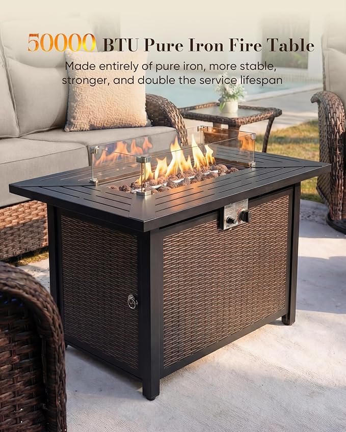 Belord Upgraded 6“ Cushion Luxury 10 Piece Patio Furniture Set with Fire Pit Table - Outdoor Couch & High Back Swivel Rocker Patio Chairs, Wicker Outdoor Furniture for Deck Porch Yard - Brown/Beige