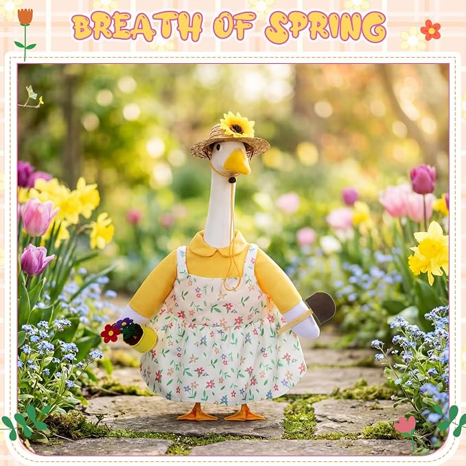 FuWeave Summer Goose Outfit Flower Porch Goose Clothes for 17" Statue Outdoor Patio Yard Lawn Art Decoration (Floral Overalls)