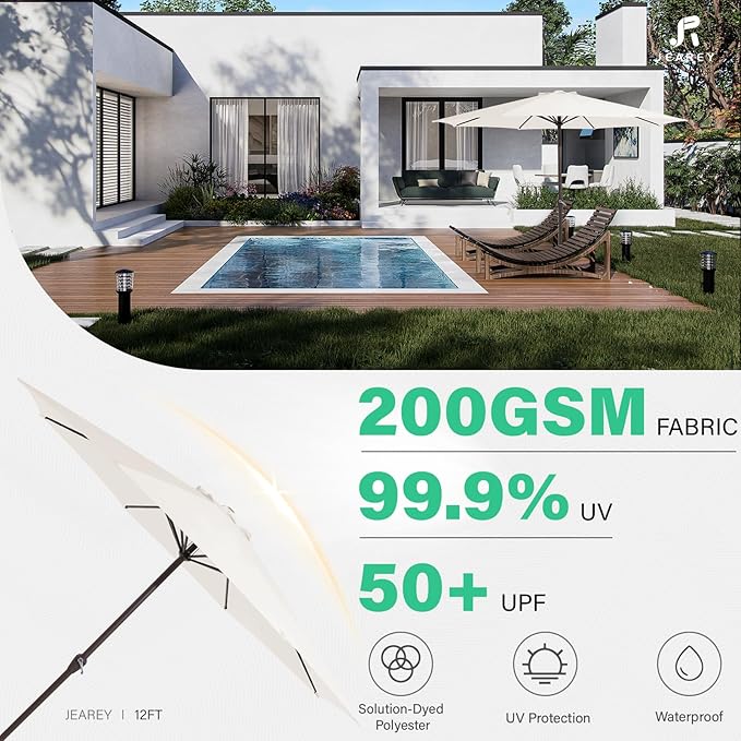 JEAREY 12' Patio Umbrellas Outdoor Table Market Umbrella w/Crank, 8 Sturdy Ribs, UV Protection Windproof for Garden, Deck, Backyard, Pool(Cream White)