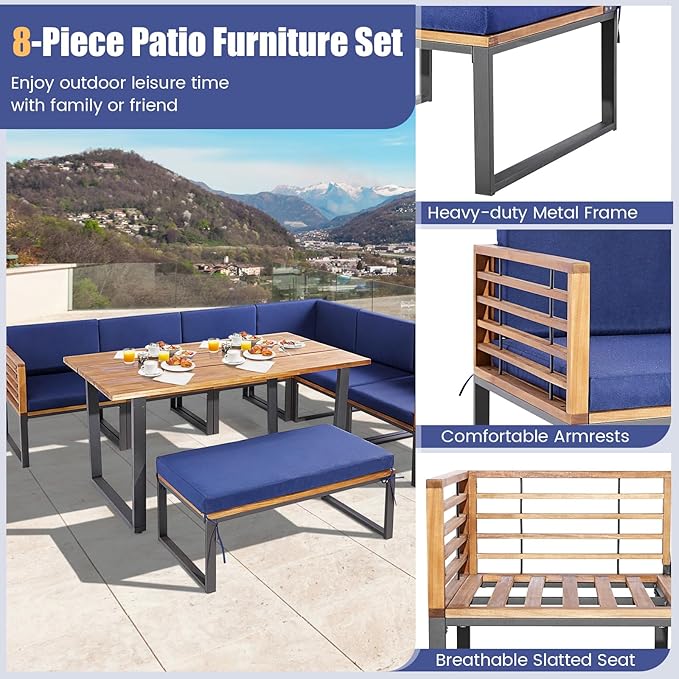 Tangkula Patio Dining Set for 8, Acacia Wood Heavy Duty L Shaped Outdoor Sectional Sofa Set with Soft Padded Cushions, for Backyard Poolside Deck Garden (Navy Blue)