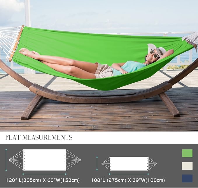 Clara Clark Heavy Duty Hammock – Quilted Fabric, Double Size Spreader Bar. Cotton Rope with Polyester Material-Large- Garden Green