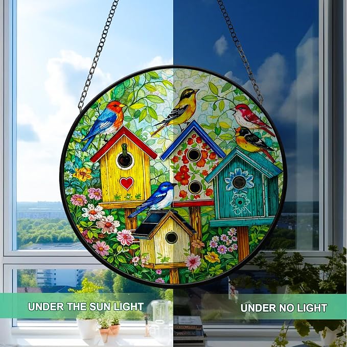 Stained Glass Window Hanging - 7.8 Inch Colorful Birdhouse Sun Catcher, Suncatcher Windows Hanging Wall Decor, Birthday Gifts for Bird Lovers, Women, Mom, Wife, Grandma and Family