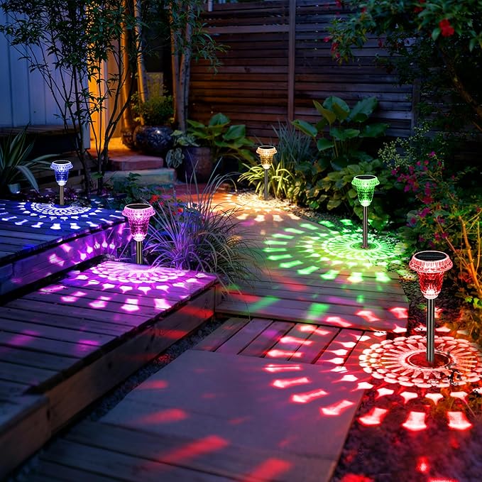 Solar Lights Outdoor Pathway Waterproof, Multicolor Decorative Garden Lights for Walkway Driveway Yard Lawn, Acrylic Solar Powered Landscape Path Lights, 10 Modes (3 White&7 Diverse Colors), 4 Pack
