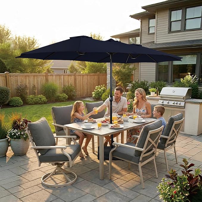 15FT Extra Large Patio Umbrella with Base Included, Heavy Duty Rectangle Outdoor Market Umbrella with 12 Strong Ribs for Patio, Garden, Lawn, Deck & Pool