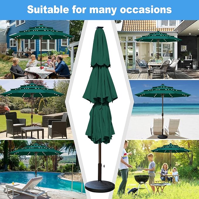 Eurmax USA 10-Year-Non-Fading 10FT 3-Tier Outdoor Patio Market Umbrella with LED Lights,UPF50+ UV Resistant,Commercial Grade,Crank Lift Design,Windproof Vented Top for Garden,Pool,Deck,Forest Green