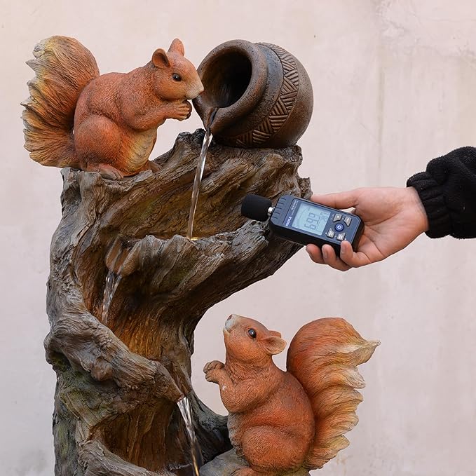Tankana 30.5" H Squirrel Outdoor Water Fountain, Rustic Tree Stump Cascading Waterfall with LED Lights, Animal Water Feature for Patio, Yard, Porch and Deck Decor, Sculpture Resin Floor Fountain