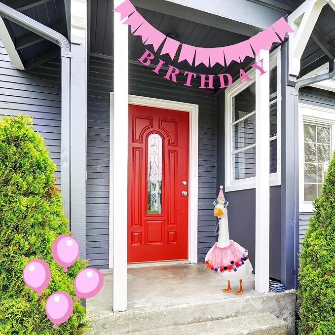 Birthday Porch Goose Outfit Lawn Clothes Hat and Tutu Collar Plastic Outfits for 23" 17" Cement Goose Outdoor Garden Lawn Art Decor(Pink,Plush Ball)