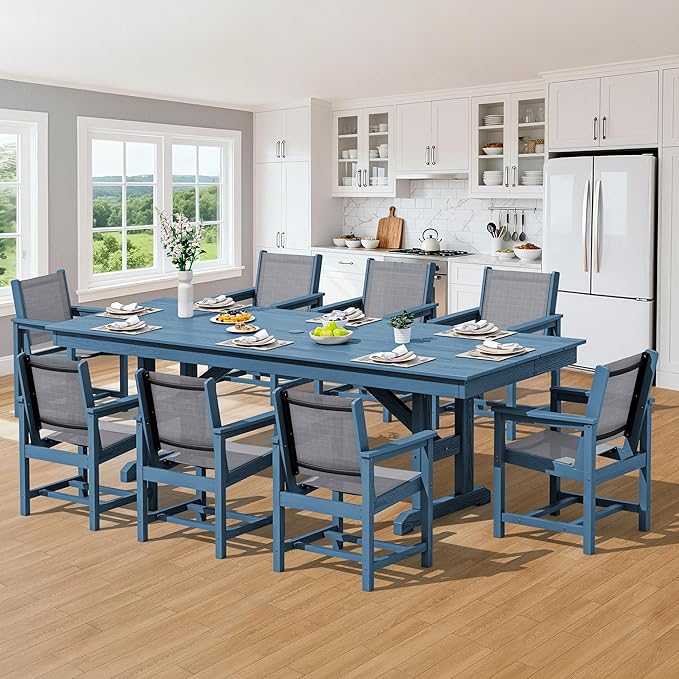 SERWALL 9 Piece Outdoor Dining Set, 84" HDPE Outdoor Large Table and Textilene Sling Chairs for 8,All Weather Patio Dining Furniture Set with Umbrella Hole for Backyard, Garden, Blue