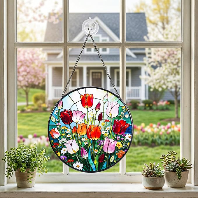Stained Glass Window Hanging, Colorful Tulips Suncatcher 7.8 in Sun Catcher Glass Panel Boho Wall Art Decor with Chain Diamond Glass Panel Hangings Scenery Sun Catchers Decor for Lover Couple Mom