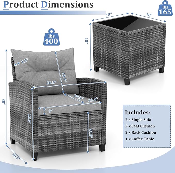 Patio Furniture Set, 3 Pcs Outdoor Wicker Conversation Set with Glass Coffee Table, Patio Chairs w/Washable Cushions, PE Rattan Outdoor Furniture Set for Porch Garden Backyard (Grey)