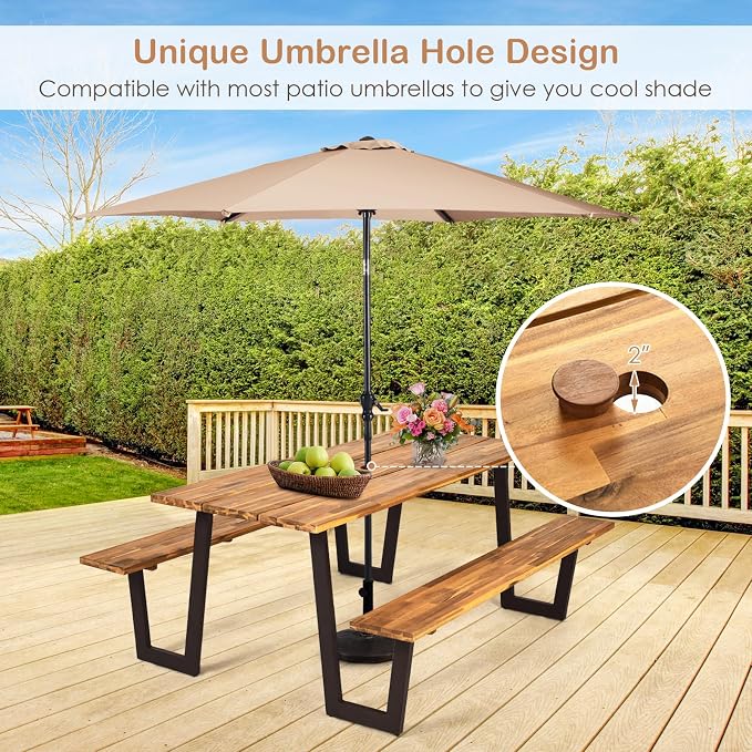 COSTWAY Acacia Wood Picnic Table, 70” Tabletop with Umbrella Hole, Patented Design, Strong Metal Frame, 6 Person Outdoor Picnic Table Bench Set for Patio, BBQ, Dining
