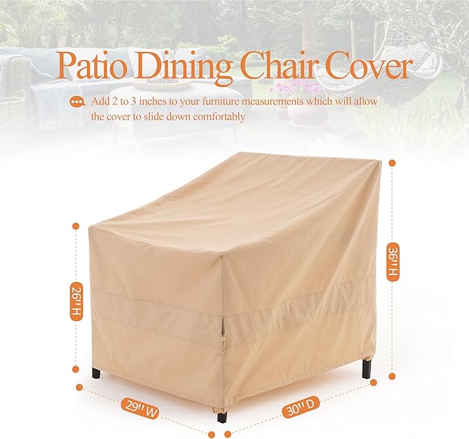 WJ-X3 Patio Chair Cover, Outdoor Lounge Cover, Heavy Duty, Waterproof Lawn Chair Covers, 29W x 30D x 36H, Beige, 2-Pack