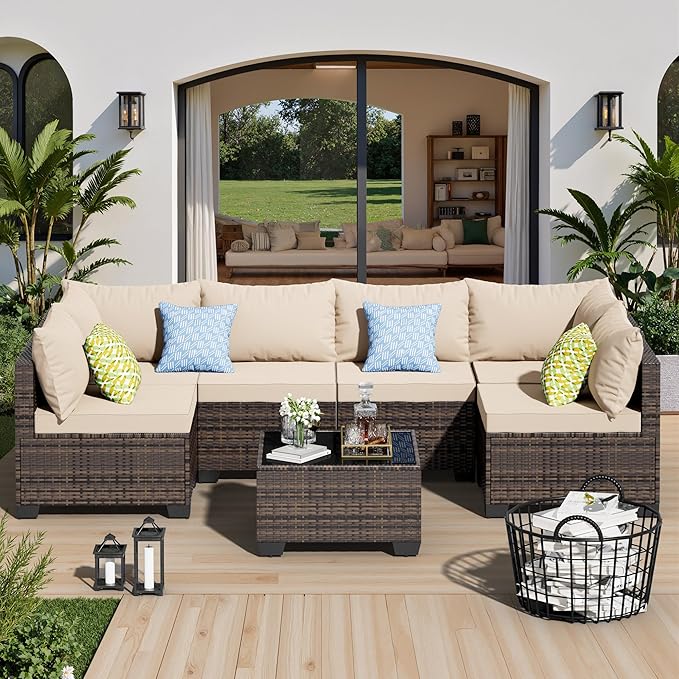 7 Pieces Patio Furniture Set - Outdoor Sectional Wicker Rattan Furniture with Cushion and Glass Table Patio Conversation Sets for Porch Poolside Backyard Outdoor Sofa Set Modular Sofa