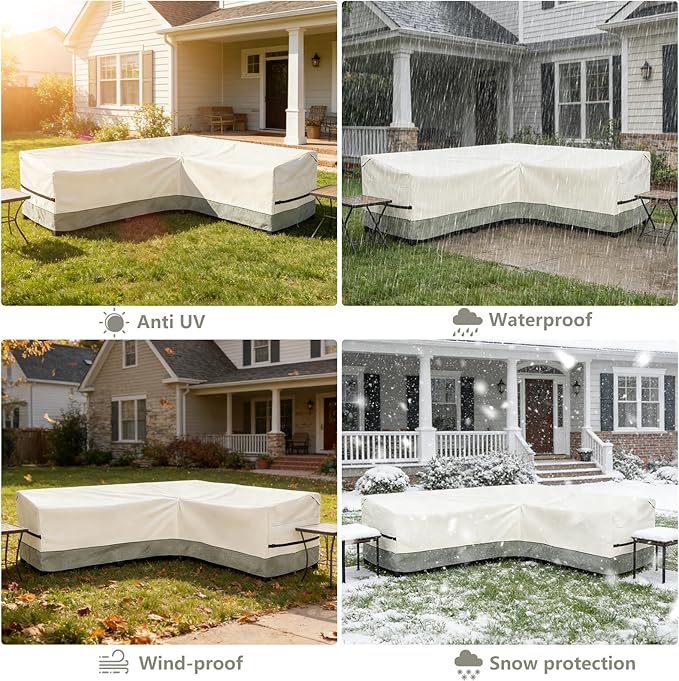 okcool Outdoor Sectional Sofa Cover Waterproof-L-Shaped Patio Furniture Covers for 6-Seater Outdoor Sectional Furniture Couch 110"(85''L) x 32''D x 31''H, White&Grayish Green