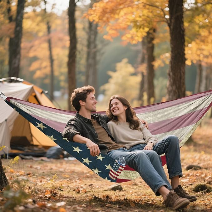American Flag Camping Hammock, Portable Lightweight Single Hammock with Tree Straps and Aluminum Carabiners, 114" x 54" Travel Hammock for Hiking Backpacking Beach