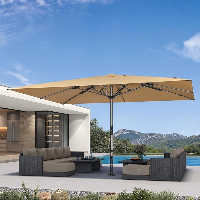 PURPLE LEAF 13 x 16 FT Extra Large Commercial Rectangle Patio Market Table Sun Umbrella Heavy-Duty with Semi-Auto Open Maximum Coverage for Restaurant Hotel Resort Cafe Poolside and Garden Business Use Beige