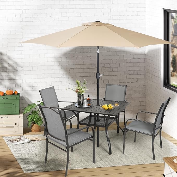 Crownland 5 Piece Patio Dining Set, Textilene Dining Sets, 4 Textilene Metal Chairs and Square Outdoor Dining Table with Khaki 9FT Round Outdoor Umbrella (Grey)