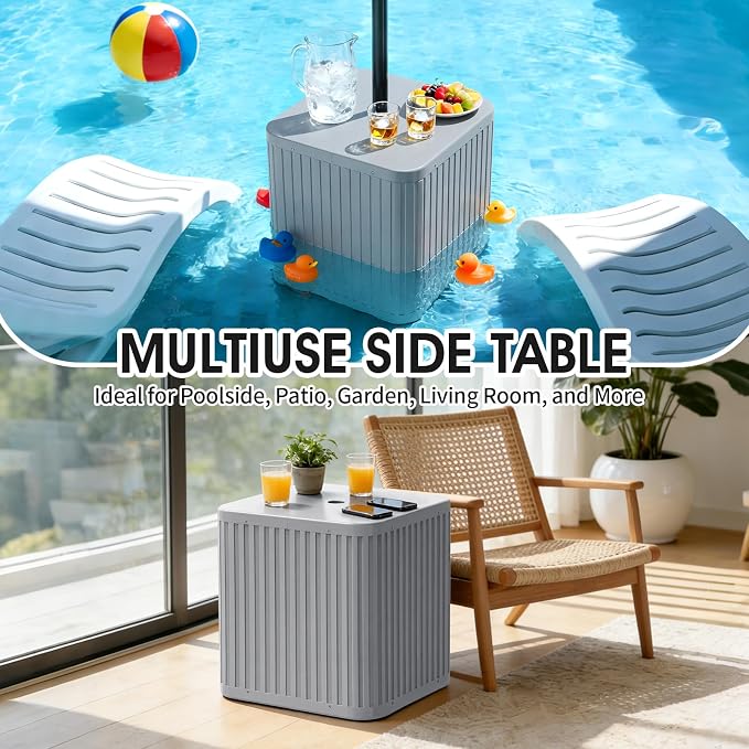BoYata Outdoor Umbrella Side Table, 2-in-1 Outdoor Side Table with Umbrella Hole, 15.9 Gallon Fillable Umbrella Stand Base, Fit Up to 1.5" Pole, Square Patio Side Table for Poolside, Deck, Matte Gray