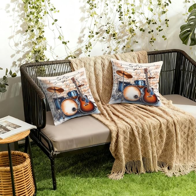 16x16 Inch Outdoor Pillow Covers Set of 2 Waterproof Throw Pillow Covers Decorative Couch Cushion Covers Music Guitar Drum Stand Square Pillowcases Protectors for Patio Garden Sofa