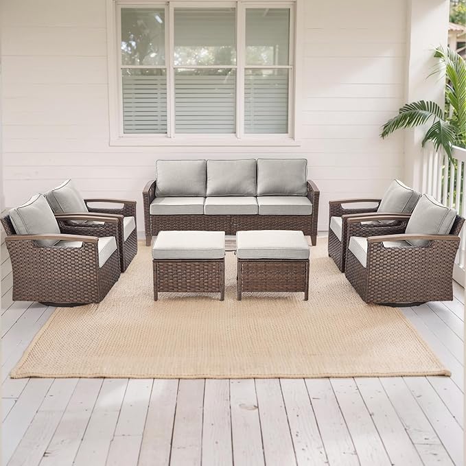 Rilyson Wicker Outdoor Patio Furniture Set - 7 Piece Patio Conversation Sets with Swivel Rocker Chairs, Ottomans, and Sofa, Thick Cushions, Waterproof Wicker, for Porch Deck Brown/Beige