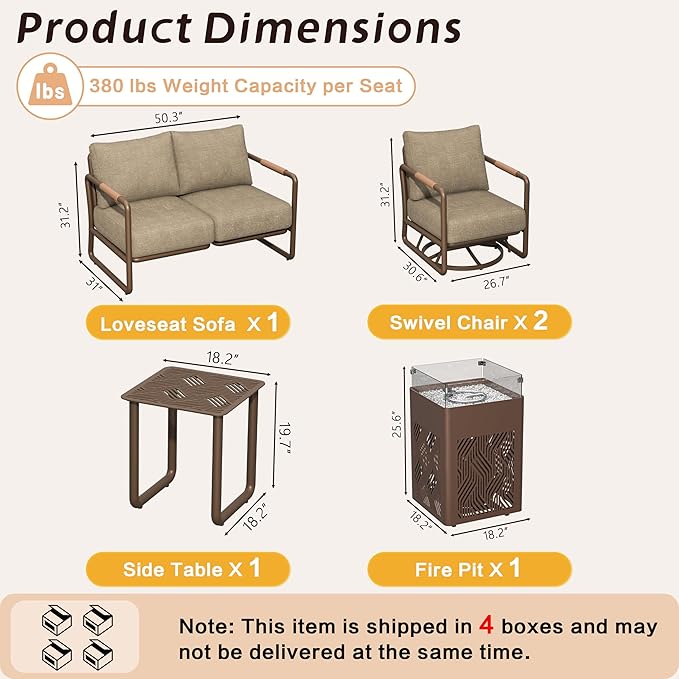 MBY Outdoor Aluminum Patio Furniture Set, 4-Seats Patio Conversation Sofa Set with 2 Swivel Rocking Chairs and 45,000 BTU Fire Pit Table w/Glass Wind Guard, All Weather for Pool, Garden-Brown