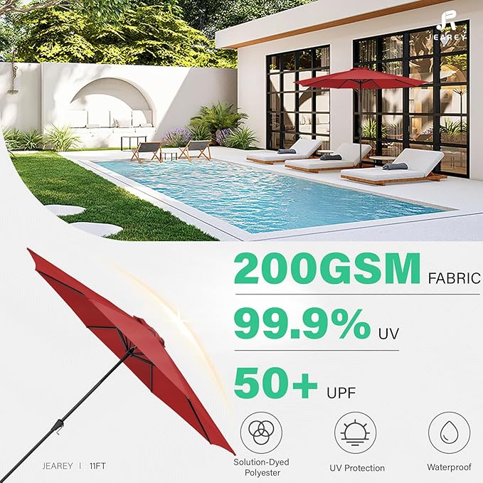 JEAREY 11' Patio Umbrellas Outdoor Table Market Umbrella w/Crank, 8 Sturdy Ribs, UV Protection Windproof for Garden, Deck, Backyard, Pool(Red)