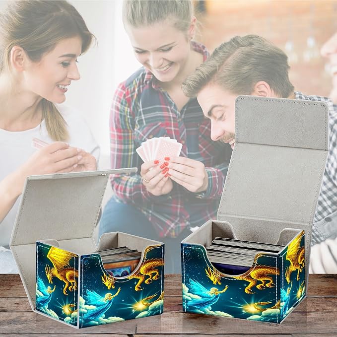 Card Deck Box for MTG, Cards Storage Box Fits 120+ Sleeved, Leather Small Size Strong Magnetic Closing Card Case for Board Games Magic TCG CCG Baseball Collection, Yellow Dragon Girl