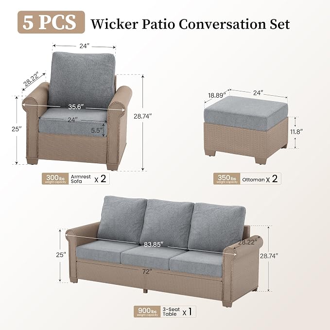 SUNSHINE VALLEY Patio Furniture Set, Wicker Outdoor Furniture Set with 5.5" Thick Cushions, 2 Chairs, 2 Ottomans and Fire Pit Table, 6 Pieces Patio Conversation Set for Backyard Deck, Grey