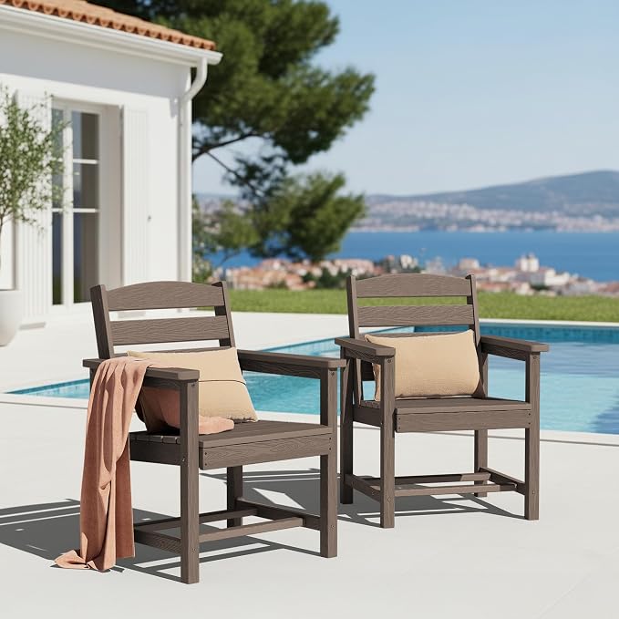 KINGYES All Weather Outdoor Dining Chairs Set of 2, HDPE Oversized Patio Chairs, Dark Brown