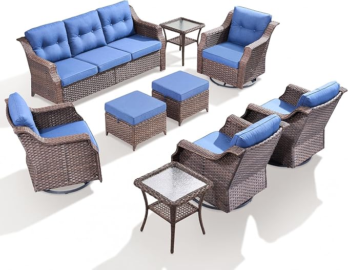 Outdoor Swivel Rocking Chair Set (9PCS), Rocking Chair with Sofa and Coffee Table Set, Crafted from PE Rattan with an Elegant Side Table, Ideal for Gardens and Patios, Brown/Blue