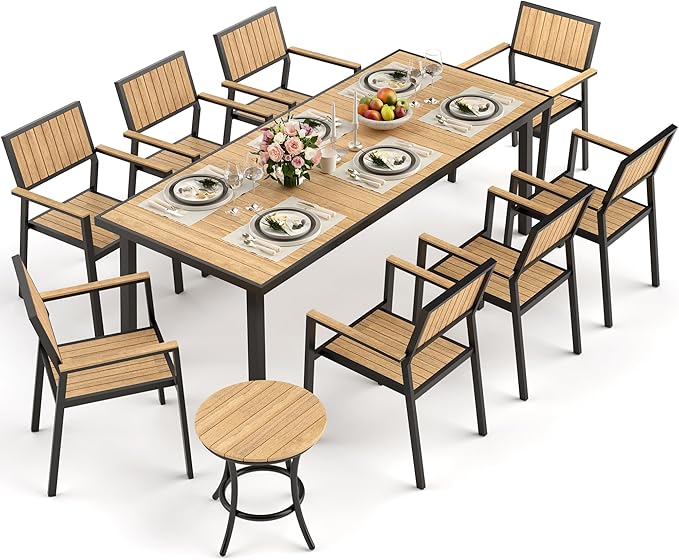 Pamapic 10-Piece Outdoor Dining Set, Patio Aluminum Furniture with Plastic-Wood Table Top & 8 Stackable Chairs, Outdoor Furniture Set for Patio Garden Poolside (Teak)