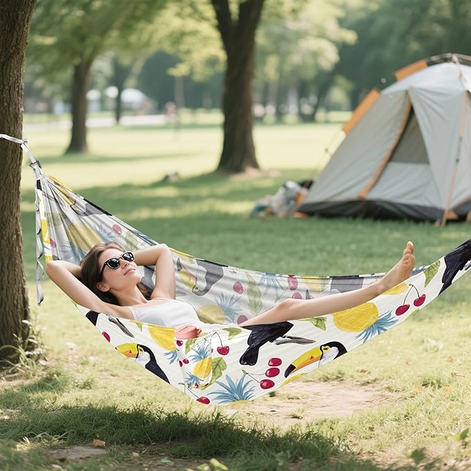 Camping Hammock Outdoor Hammocks for Outside Toucan Cherry Pineapple Beach Trees Portable Lightweight with Pockets Tree Straps Indoor Small